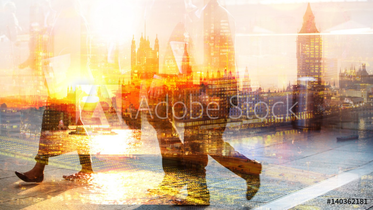 Picture of Feet of pedestrians walking against of London view and Big Ben at sunset Multiple exposure image Modern life concept